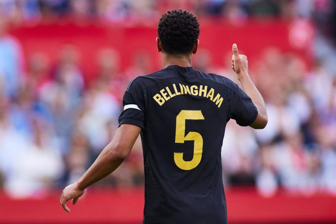 Jude Bellingham of Real Madrid gestures during the Spanish league, LaLiga EA Sports, football match played between Sevilla FC and Real Madrid at Ramon Sanchez-Pizjuan stadium on October 21, 2023, in Sevilla, Spain.