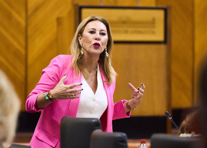 La consejera de Economía, Hacienda y Fondos Europeos, Carolina España, en el Pleno del Parlamento andaluz. (Foto de archivo).