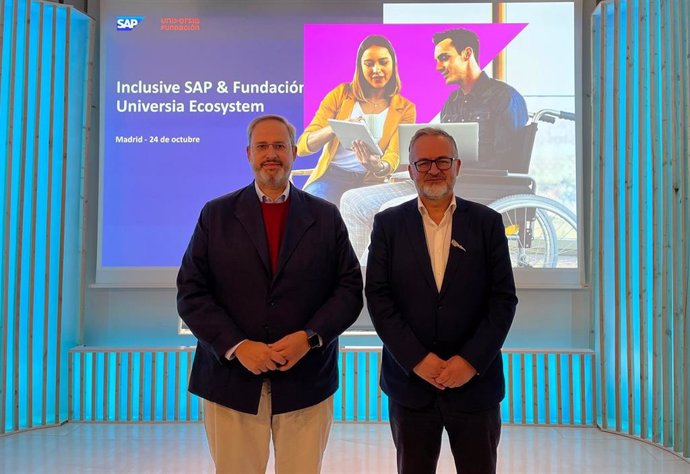 De izquierda a derecha, Rafael Hernández, vicepresidente de Santander Universidades y director general de Universia, y Félix Monedero, director general de SAP España en la presentación de 'Inclusive SAP & Fundación Universia Ecosystem'.