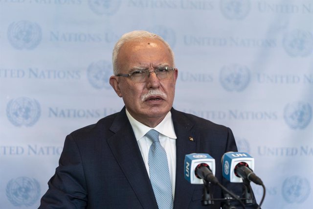 Archivo - May 20, 2021, New York, New York, United States: Minister of Foreign Affairs and Expatriates of the State of Palestine Riad Al-Malki briefs press at United Nations Headquarters. He was joined by Permanent Observer of the State of Palestine to th