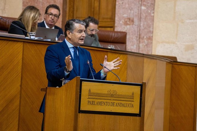 El consejero de la Presidencia, Interior, Diálogo Social y Simplificación Administrativa Antonio Sanz Cabello durante su turno de palabra en la sesión de control al Gobierno. A 25 de octubre de 2023, en Sevilla (Andalucía, España). Primera Jornada de Pl