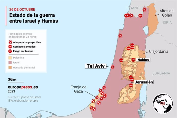 Mapa con el estado de la guerra entre Israel y Hamás el 26 de octubre de 2023. Israel entró en guerra con Hamás tras el ataque lanzado contra el país el 7 de octubre