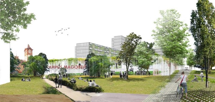 Recreación virtual de la zona verde del ámbito de Magria de Barcelona propuesta por la propuesta ganadora del concurso.