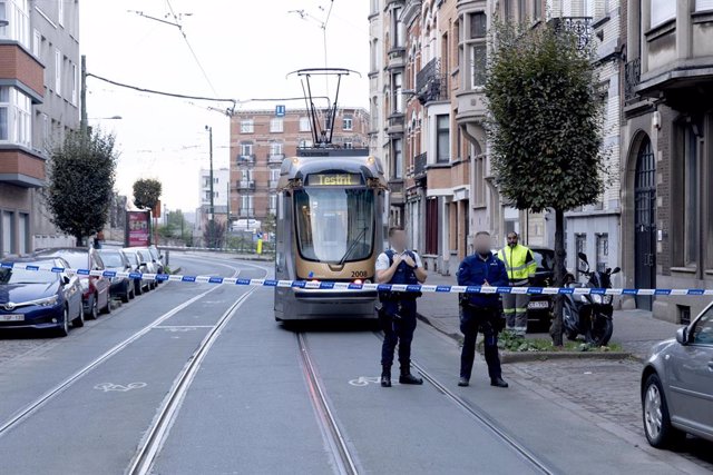 Police pictured near the Eugene Verboekhovenplein/ Place Eugene Verboekhoven in Schaerbeek/ Schaarbeek, Brussels, where the suspected perpetrator of the attack in Brussels was probably shot during a police intervention in a cafe, Tuesday 17 October 2023. 