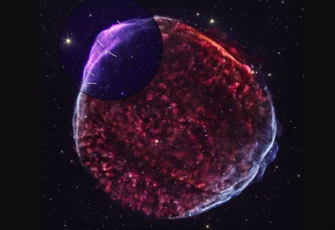 Esta nueva imagen del SN 1006 remanente de supernova combina datos del explorador de polimetría de rayos X de imágenes de la NASA y el Observatorio de Rayos X de Chandra de la NASA.