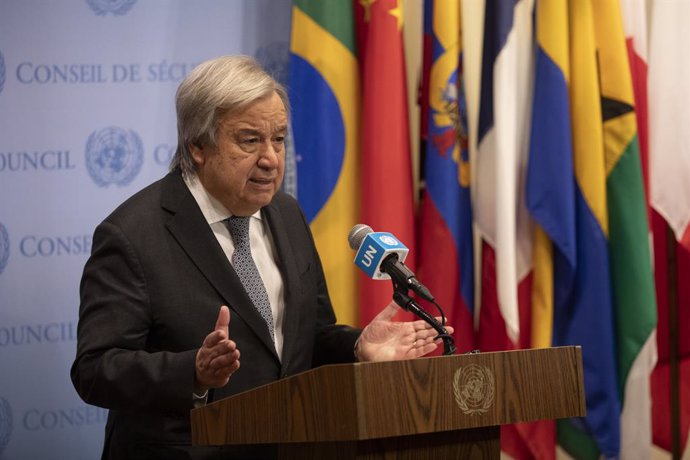 UNITED NATIONS, Oct. 25, 2023  -- UN Secretary-General Antonio Guterres speaks at a press briefing outside the Security Council Chamber at the UN headquarters in New York, on Oct. 25, 2023. Guterres on Wednesday strongly refuted the "false" assertion ma