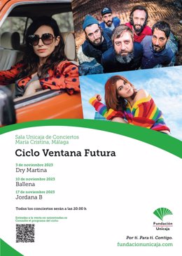 Cartel del ciclo 'Ventana Futura', que propone tres conciertos de pop indie en la Sala Unicaja de Conciertos María Cristina.