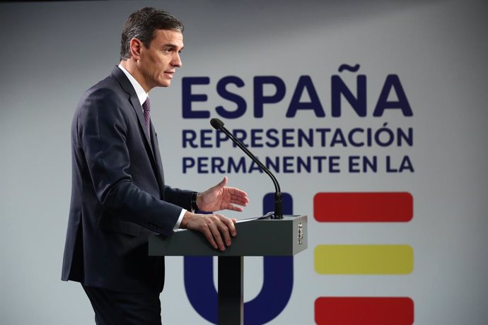 El presidente del Gobierno en funciones, Pedro Sánchez, en una rueda de prensa tras el Consejo Europeo en Bruselas.