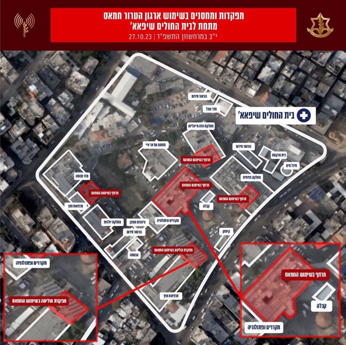 Diagrama de la presunta base subterránea de Hamás debajo del hospital gazatí de Shifa