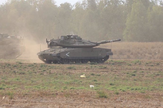 October 9, 2023, Sderot, Israel: Tanks and military vehicles are seen as a search for suspects is underway. Fighting between Israeli soldiers and Islamist Hamas militants continues in the border area with Gaza. Stunned by the unprecedented assault on it