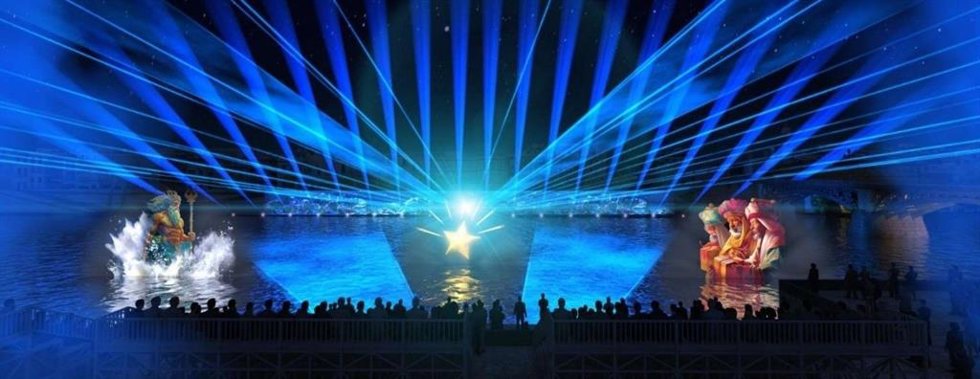Recreación del espectáculo Navigalia en el río con el que el Ayuntamiento de Sevilla recupera el mapping navideño.