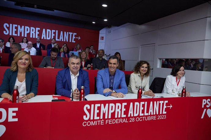 El secretario general del PSOE y presidente del Gobierno en funciones, Pedro Sánchez (c), preside la reunión del Comité Federal, en la sede del PSOE, a 28 de octubre de 2023, en Madrid (España).