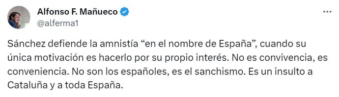 Tuit del líder 'popular' Alfonso Fernández Mañueco sobre la amnistía