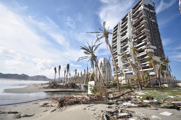 GUERRERO, Oct. 28, 2023  -- This photo taken on Oct. 26, 2023 shows damaged buildings after being attacked by Hurricane Otis in Acapulco, state of Guerrero, Mexico. Hurricane Otis left at least 27 people dead and four missing as it hit the coast of the 