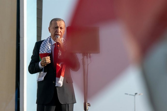October 28, 2023, Yesilkoy, Istanbul, Turkey: President of The Republic of Turkey Recep Tayyip Erdogan speaks at the Great Palestine rally held at Ataturk Airport in Istanbul, Turkey on October28,2023.