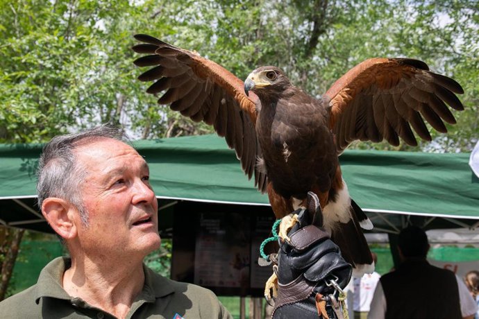 Archivo - Una persona con un ave de cetrería durante el Festival de Campo en el hipódromo de la Zarzuela, a 24 de mayo de 2023, en Madrid (España). 