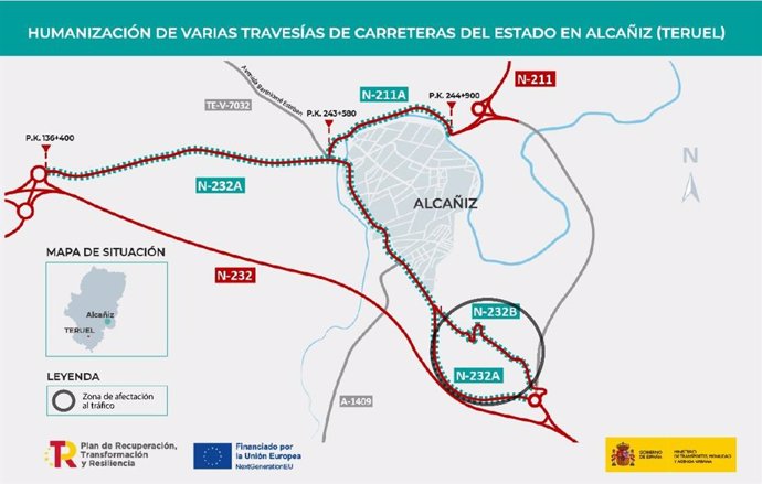 Un tramo de la N-232 B a su paso por Alcañiz se corta este lunes por obras, que durarán seis meses
