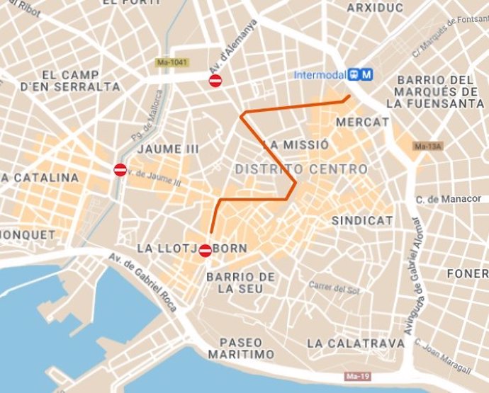 Mapa de calles cortadas al tráfico por la manifestación de este domingo en Palma