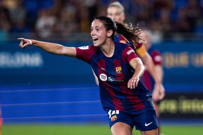 La centrocampista española Aitana Bonmatí celebra un gol con el FC Barcelona