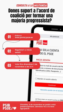Instrucciones del PSIB para participar en la consulta sobre los acuerdos de gobierno para revalidar el gobierno de coalición estatal.