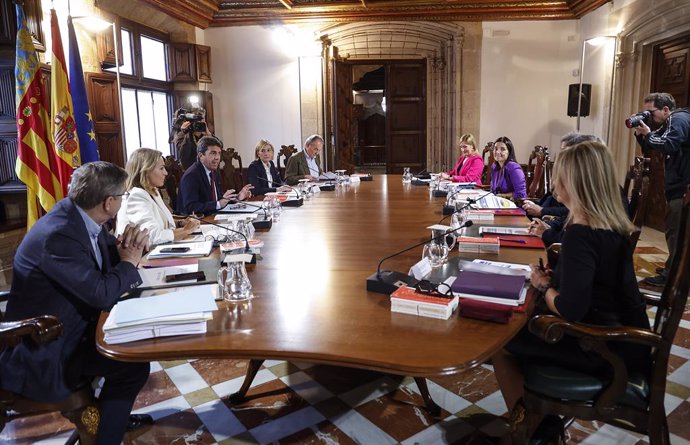 El president de la Generalitat, Carlos Mazón (3e), presideix el Ple extraordinari del Consell, al Palau de la Generalitat