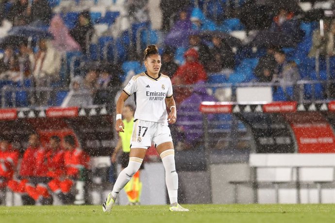 Carla Camacho of Real Madrid in action during the spanish women league, Liga F, football match played between Real Madrid Femenino and Levante UD at Alfredo Di Stefano stadium on October 22, 2023, in Valdebebas, Madrid, Spain.