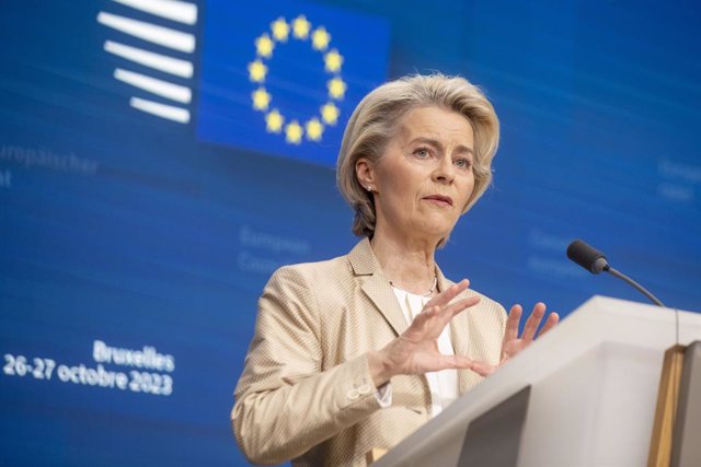 European Commission President Ursula Von der Leyen pictured during a meeting on the second day of the European council, at the European Union headquarters in Brussels, Friday 27 October 2023.