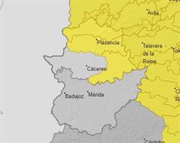 Zonas de Extremadura afectadas por el aviso amarillo por rachas de viento el jueves.