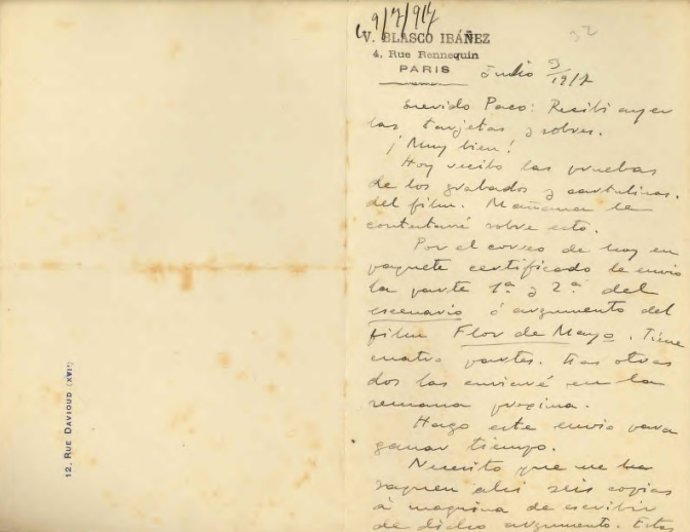 Carta manuscrita de Vicente Blasco Ibáñez