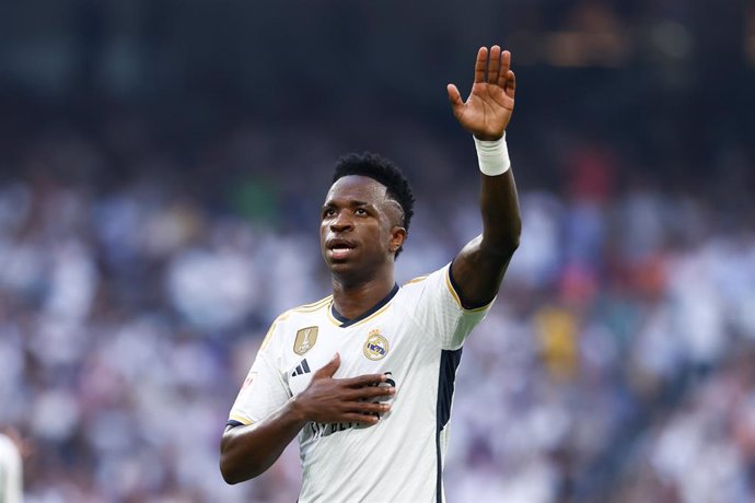 Vinicius Junior of Real Madrid celebrates a goal during the spanish league, La Liga EA Sports, football match played between Real Madrid and CA Osasuna at Santiago Bernabeu stadium on October 7, 2023, in Madrid, Spain.