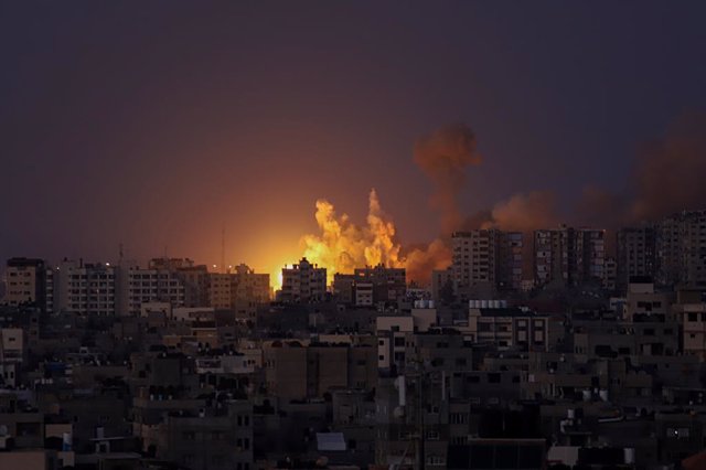 GAZA, Oct. 12, 2023  -- Smoke billows following an Israeli airstrike in Gaza City, on Oct. 12, 2023. Israel on Thursday continued its airstrikes on various areas of the Gaza Strip.