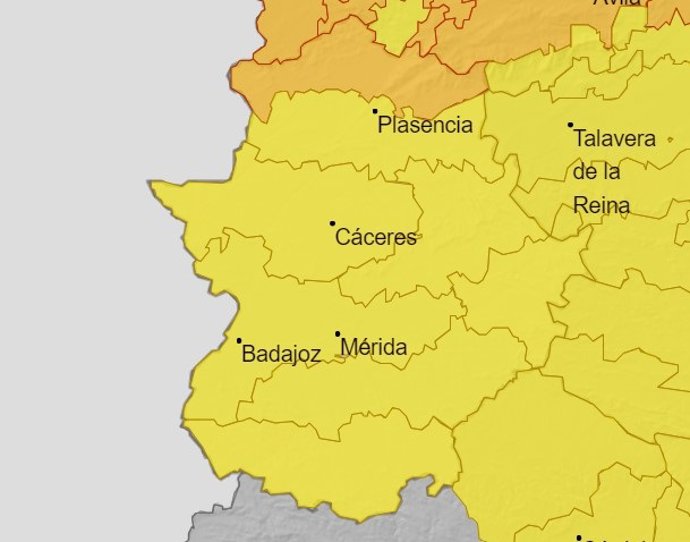 Mapa de avisos de Aemet en Extremadura.