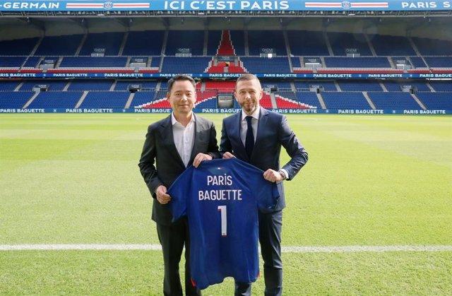 At Parc des Princes located in Paris, CEO Jinsoo Hur of the Paris. Baguette HQ and Chief Revenue Officer Marc Armstrong of Paris Saint-Germain pose for a photo after signing the official sponsorship agreement.