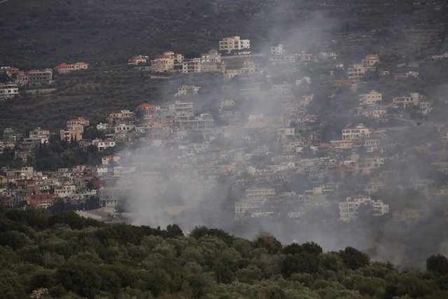KAFR KILA (LEBANON), Oct. 30, 2023  -- Smoke rises following an Israeli bombing in Kafr Kila, southern Lebanon, on Oct. 30, 2023. Clashes between Lebanon's Shiite military group Hezbollah and the Israeli army continued on Monday, killing a Hezbollah fight