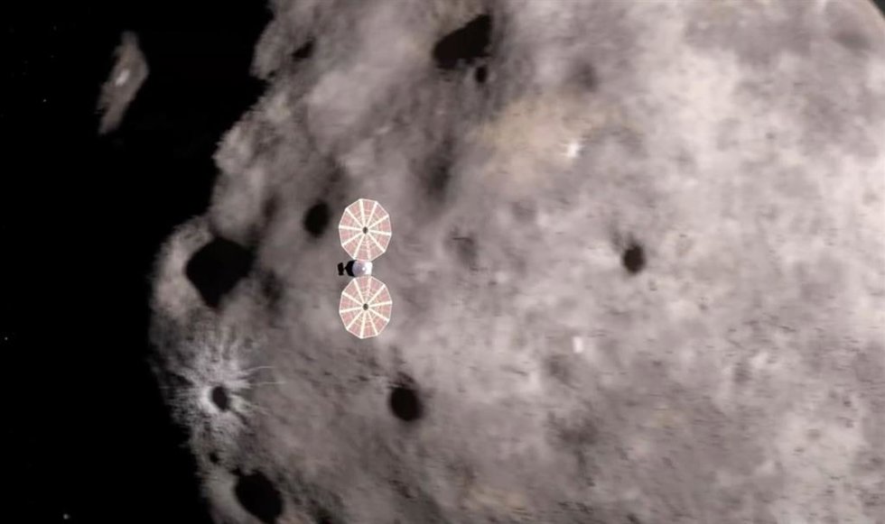 Ilustración de Lucy sobrevolando un asteroide en su misión