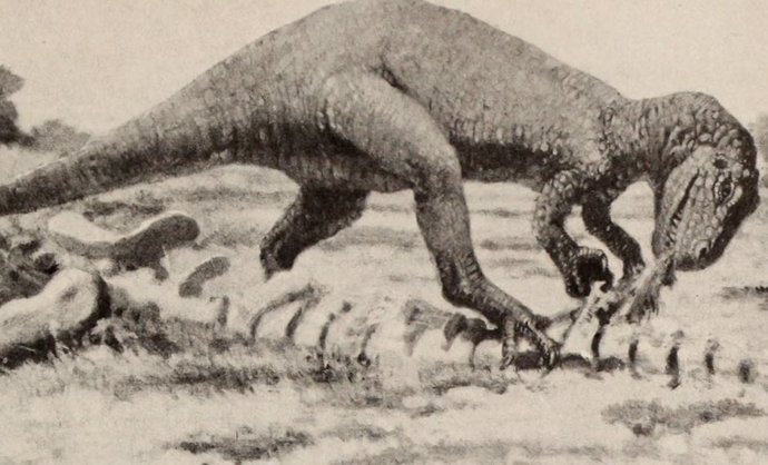 Dinosaurio depredador devora un cadáver de otra especie