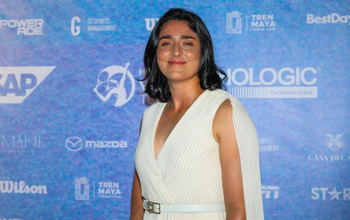 Ons Jabeur of Tunisia on the purple carpet at the draw gala ahead of the 2023 WTA Finals Cancun WTA tennis tournament