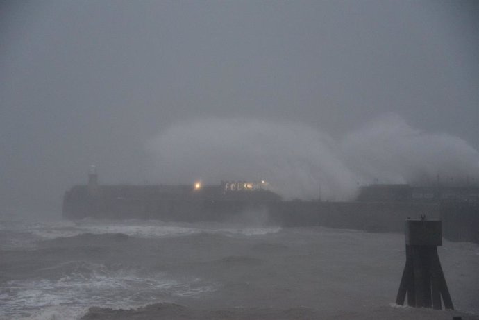 November 2, 2023, Folkestone, Kent, United Kingdom: Folkestone, United Kingdom. Storm Ciarán strikes the coast of  Folkestone. Waves break over Folkestone's Harbour Arm and lighthouse just after dawn this morning. Picture by Dirk Seyfried / Parsons Media