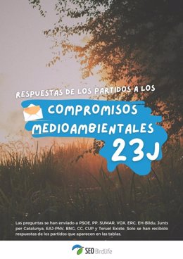 Cartel de las respuestas de los partidos a la encuesta de SEO/BirdLife sobre compromisos medioambientales durante la campaña electoral del 23 de julio de 2023.