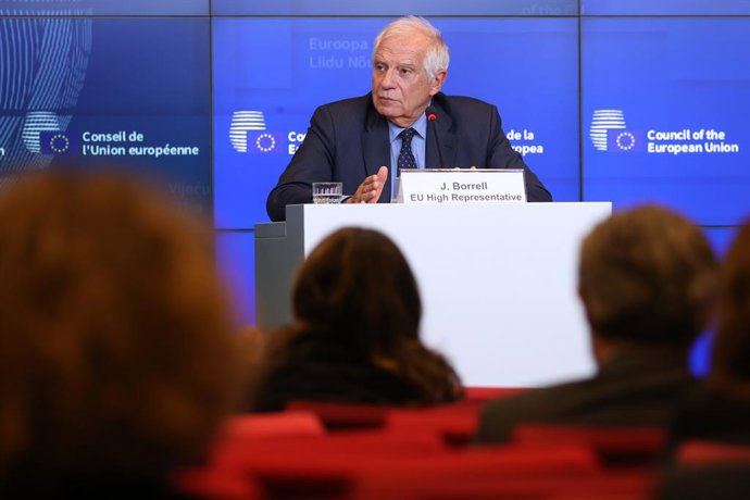 HANDOUT - 23 October 2023, Luxembourg: High Representative of the European Union for Foreign Affairs and Security Policy Josep Borrell speaks during a press conference after the EU Foreign Affairs Council meeting. Photo: -/European Council/dpa - ATTENTI