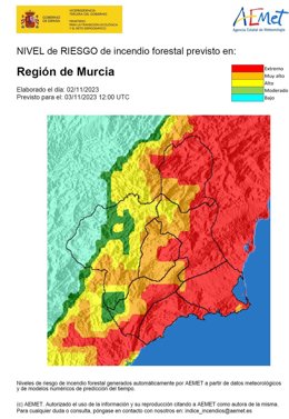 Mapa que muestra el nivel de riesgo de incendio forestal en la Región de Murcia