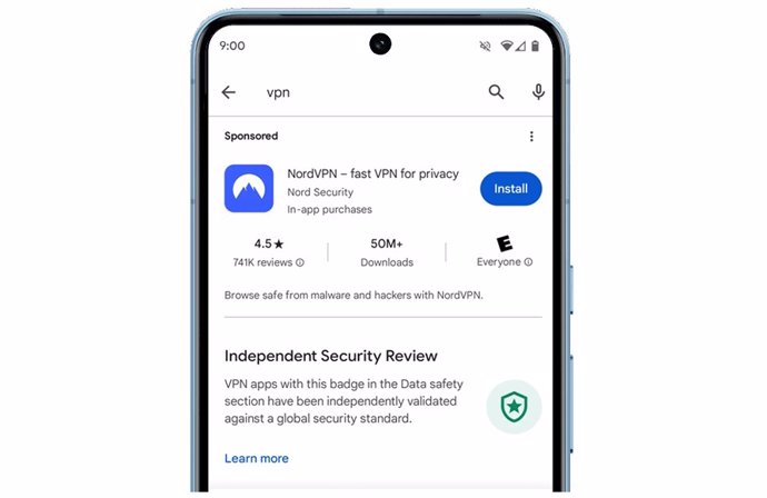 Banner de revisión de seguridad externa en la página de una app VPN
