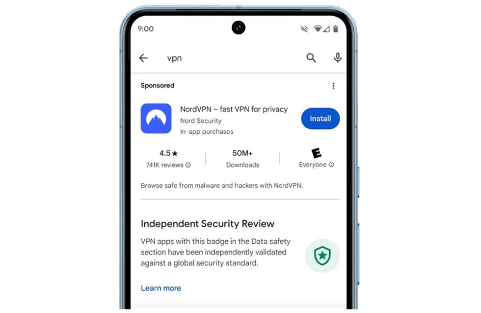 Banner de revisión de seguridad externa en la página de una app VPN