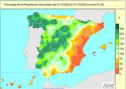 Las lluvias recogidas en octubre dejan un superavit del 38 por ciento en el conjunto de España.