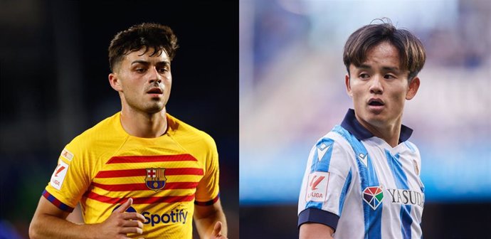 Archivo - Pedri González y Take Kubo, protagonistas del Real Sociedad-FC Barcelona de la jornada 12 de LaLiga EA Sports 2023/24