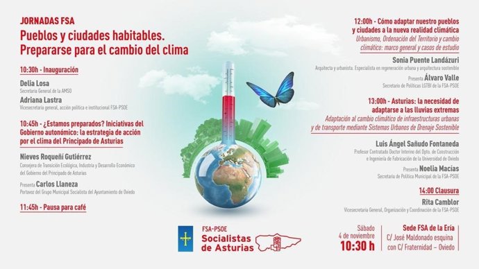 Cartel de la Jornada 'Pueblos y ciudades habitables. Prepararse para el cambio del clima', organizada por la FSA-PSOE.