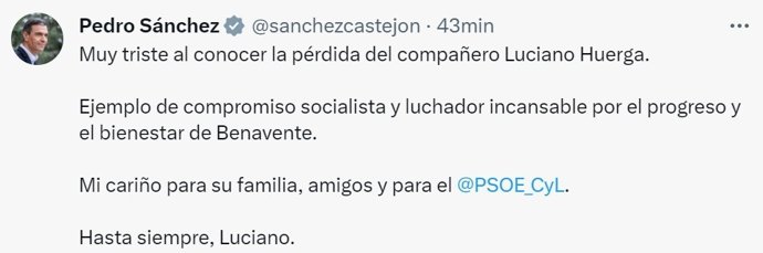 Tuit publicado por el presidente del Gobierno en funciones, Pedro Sánchez