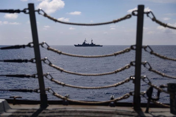October 21, 2023 - South China Sea - The Arleigh Burke-class guided-missile destroyer USS Dewey (DDG 105) steams alongside the Philippine Navy offshore patrol vessel BRP Gregorio del Pilar (PS 15) while conducting a photo exercise in the South China Sea