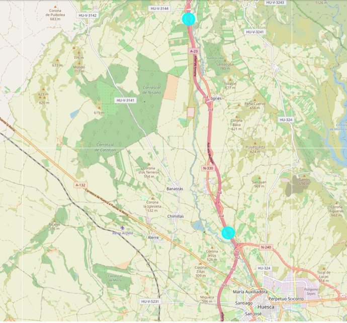 La A-23, entre Barranco de Valdabra y Nueno, sufrirá cortes de calzada entre el 6 y el 24 de noviembre