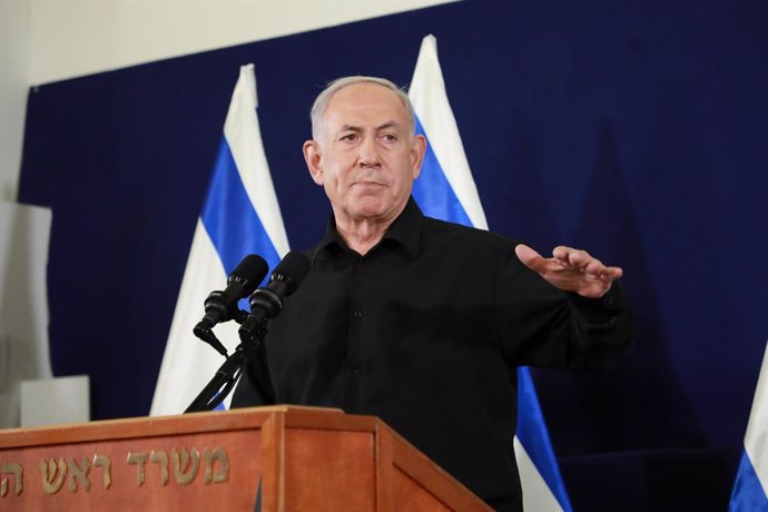 TEL AVIV, Oct. 29, 2023  -- Israeli Prime Minister Benjamin Netanyahu attends a press conference in Tel Aviv, Israel on Oct. 28, 2023.   Israeli Prime Minister Benjamin Netanyahu said on Saturday that the country's war cabinet and political cabinet "una